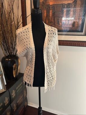 NY Collection Cream Open-Weave Fringe Short Sleeve Cardigan